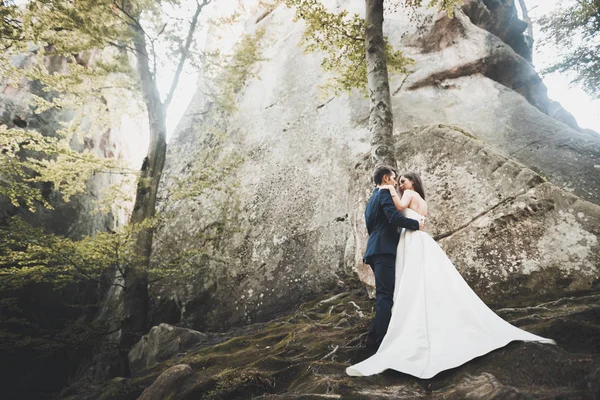 Splendida sposa, sposo baciare e abbracciare vicino alle scogliere con vista mozzafiato — Foto Stock