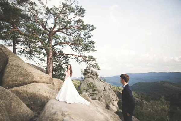 Güzel düğün çift, gelin ve damat, arka planda dağların aşık