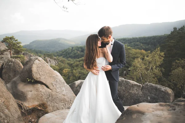 豪華な花嫁、新郎のキスとハグ付近の素晴らしい景色を望む崖 — ストック写真
