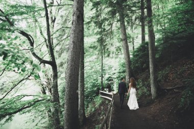 Yeni evli çift el ele tutuşurken parkta koşup zıplıyorlar.