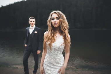 Mükemmel bir çift gelin ve damat düğün günlerinde poz verip öpüşürler.