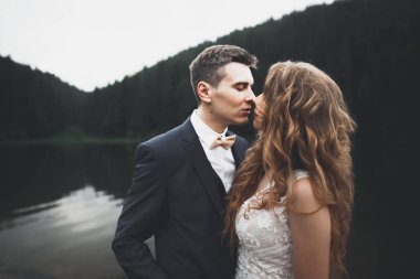 Güzel bir düğün çifti mükemmel bir manzarayla dağda öpüşüyor ve sarılıyor.