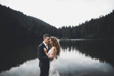 Harika bir gelin damada poz veriyor ve harika manzaralı dağlarda lüks bir tören yapıyor.