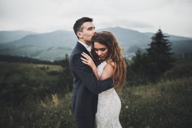 Yeni evli çift, gelin ve damat öpüşüyor, mükemmel dağ manzarasında sarılıyorlar, mavi gökyüzü