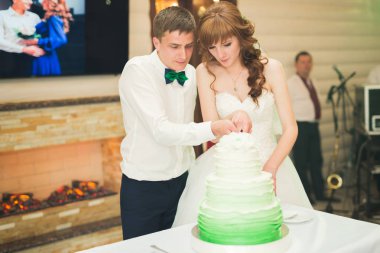 Gelin ve damat düğün pastasını kesiyor.