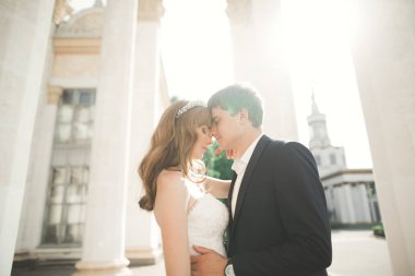 Lüks evli çift, gelin ve damat eski şehirde poz veriyor.