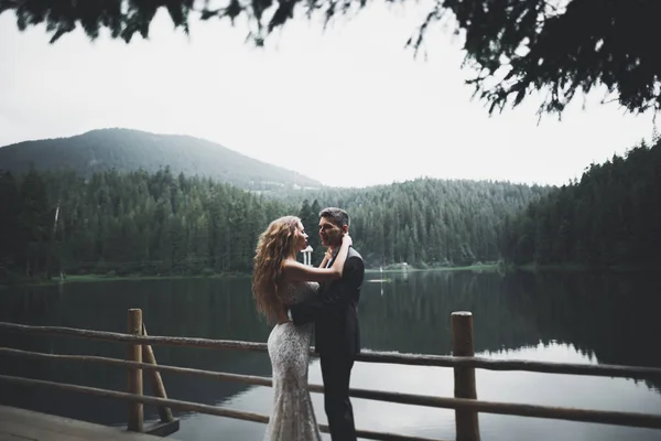 Glückliches Hochzeitspaar posiert über schöner Landschaft in den Bergen — Stockfoto