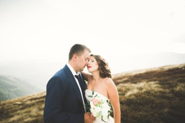 Harika bir gelin damada poz veriyor ve harika manzaralı dağlarda lüks bir tören yapıyor.