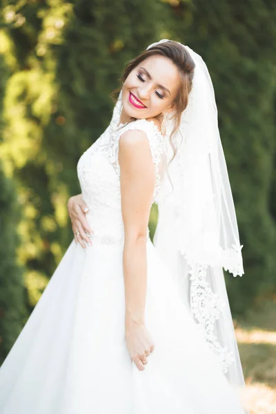 Belle jeune mariée de luxe en robe de mariée posant dans le parc — Photo