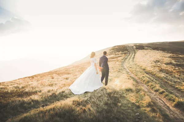 Joven pareja recién casada, novia y novio besándose, abrazándose a la vista perfecta de las montañas, cielo azul — Foto de Stock