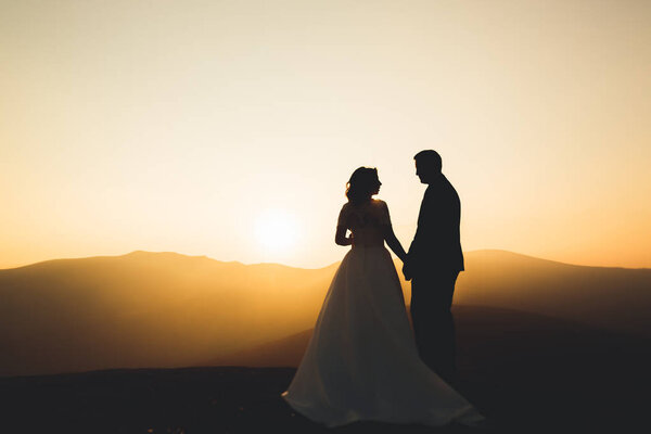Wedding couple posing on sunset at wedding day. Bride and groom in love