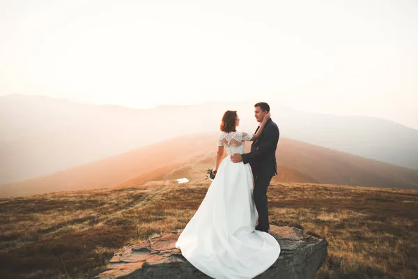 Glückliches Hochzeitspaar posiert über schöner Landschaft in den Bergen — Stockfoto