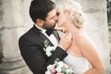 Bahar mevsiminde öpüşen düğün çifti. Yakın plan portre.