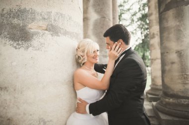 Güzel, romantik bir düğün. Yeni evliler. Eski kalenin yakınlarında sarılıyorlar.