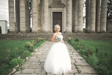 Muhteşem romantik zarif stil güzel beyaz gelin arka planda antik barok kalesinde