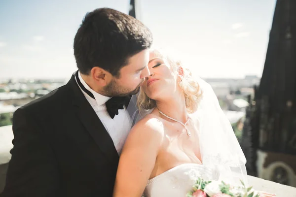 Elegante hermosa pareja de boda besándose y abrazándose en el fondo vista panorámica del casco antiguo — Foto de Stock