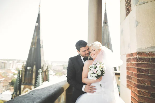 Elegante hermosa pareja de boda besándose y abrazándose en el fondo vista panorámica del casco antiguo —  Fotos de Stock