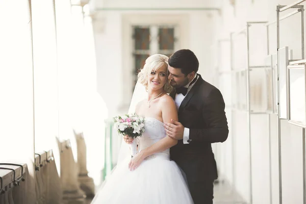 Preciosa pareja feliz boda, novia con vestido blanco largo posando en la hermosa ciudad — Foto de Stock