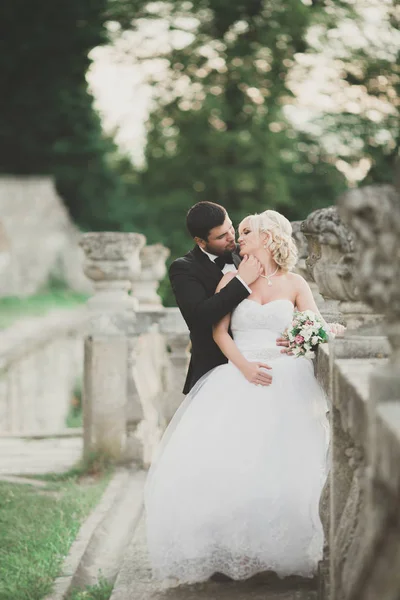 Bella coppia di sposi romantici che si abbracciano vicino al vecchio castello — Foto Stock