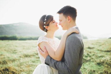 Öpüşen düğün çifti güzel manzarada kalıyor.