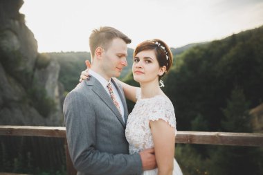 Muhteşem gelin ve şık damat yürüyüş güneşli manzara, Düğün çifti, lüks töreni dağların muhteşem manzaralı, metin için yer