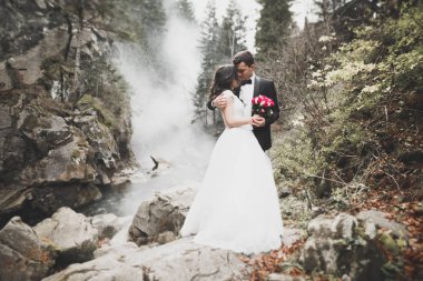 Şık şık mutlu esmer gelin ve dağlarda güzel bir nehir arka plan üzerinde muhteşem damat