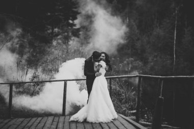 Mükemmel bir çift gelin ve damat düğün günlerinde poz verip öpüşürler.