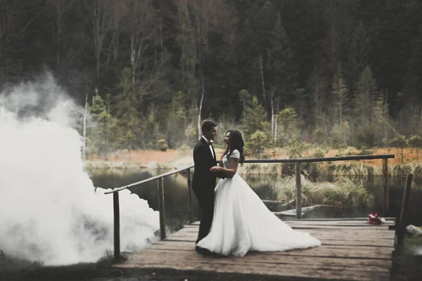 낭만적 이고 동화적 이고 행복 한 신혼 부부 가 공원에서 포옹하고 키스하고 나무 뒤에 — 스톡 사진
