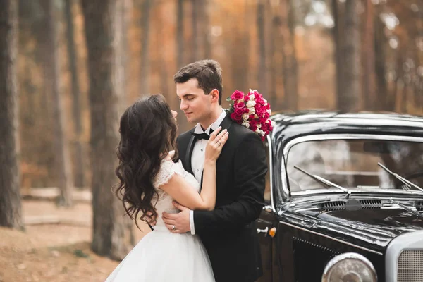 Stilvolles Hochzeitspaar, Braut, Bräutigam küssen und umarmen sich im Retro-Auto — Stockfoto