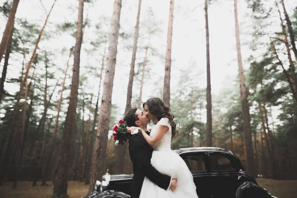 Just married happy couple in the retro car on their wedding — Stock Photo, Image