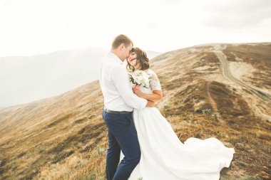 Bir dağın tepesinde günbatımında poz güzel düğün çifti