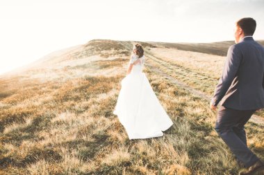 Yeni evli çift, gelin ve damat öpüşüyor, mükemmel dağ manzarasında sarılıyorlar, mavi gökyüzü