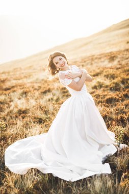 Mükemmel manzaralı günbatımında bir yaz çayır üzerinde dışında mutlu güzel gelin.