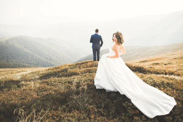Šťastný svatební pár pózující nad krásnou krajinou v horách — Stock fotografie