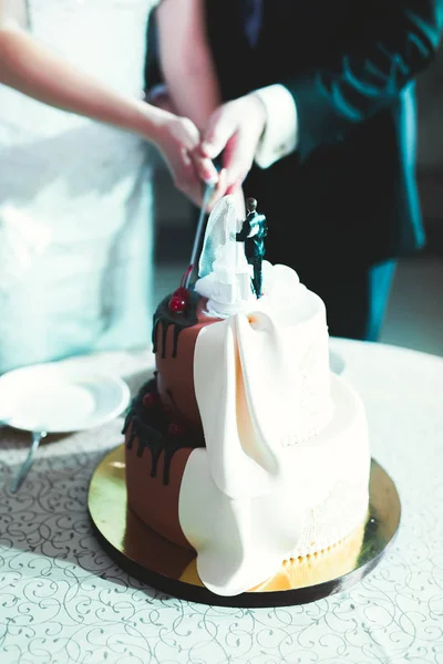 Bride and groom at wedding cutting the wedding cake — Stock Photo, Image