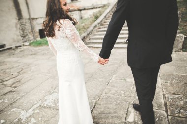 Şehvetli evli çift, eski Slav kalesinin önünde sevgililer günü kucaklaşması.