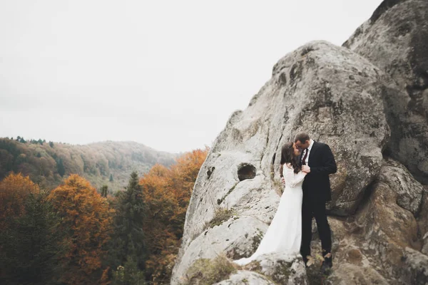 結婚式のカップルで愛キスと抱擁近くの岩で美しい風景 — ストック写真