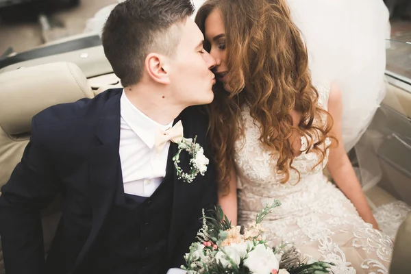 Novia feliz y novio posando después de la ceremonia de boda — Foto de Stock