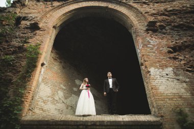 Sadece evli pozlar ve arka plan üzerinde eski bir kale ile öpüşme