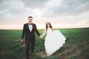 Güzel düğün çift, aşk günbatımı üzerinde. Fielf çiçekli