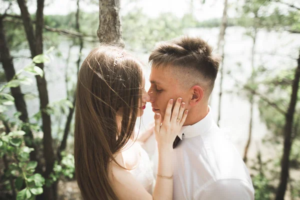 Boda pareja hombre, novia besándose y abrazándose en un fondo del río, montañas. Retrato de belleza — Foto de Stock