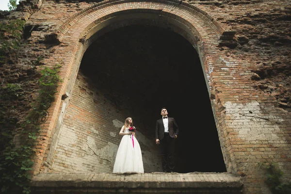 Just married poses and kissing with an old fortress on the background