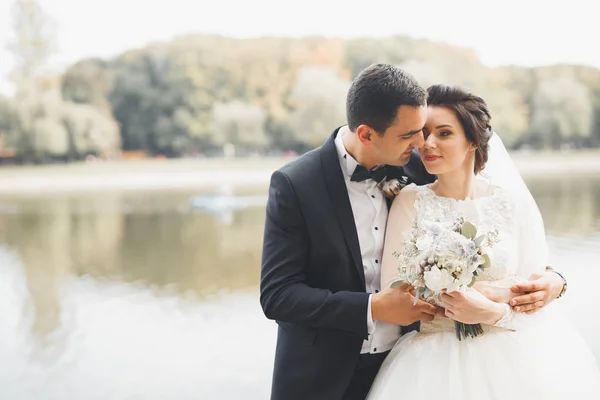 Bruidspaar bruid en bruidegom hand in hand — Stockfoto