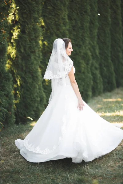Mooie luxe jonge bruid in trouwjurk poseren in park — Stockfoto
