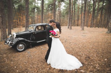 Sadece evli çift lüks retro arabada düğün gününde