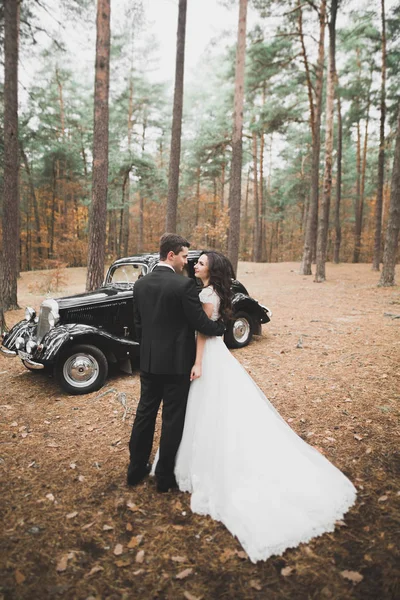 Stilvolles Hochzeitspaar, Braut, Bräutigam küssen und umarmen sich im Herbst in der Nähe von Retro-Autos — Stockfoto