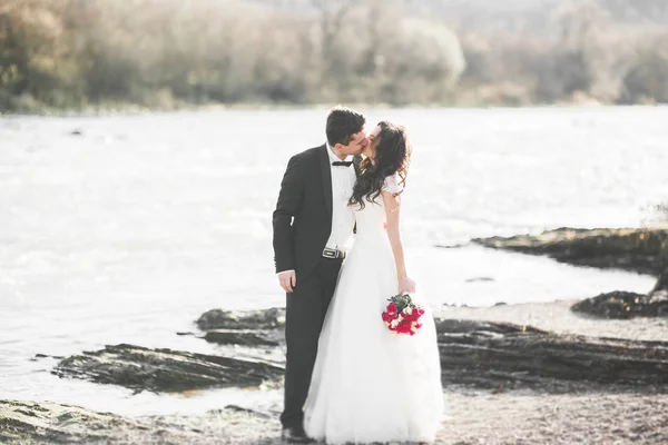 Elegant stylish happy brunette bride and gorgeous groom on the background of a beautiful river in the mountains — Stock Photo, Image