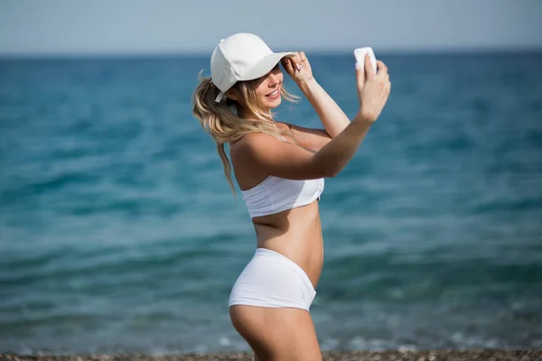 Selfie Fitness Donna Autoritratto Dopo Allenamento Atleta Sportivo Sta Scattando — Foto Stock