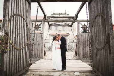 Güzel, romantik bir düğün. Yeni evliler. Eski kalenin yakınlarında sarılıyorlar.