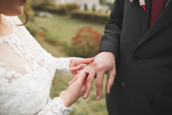 신부와 신랑 은결 혼 반지를 교환한다. 멋진 부부의 공식 행사 — 스톡 사진